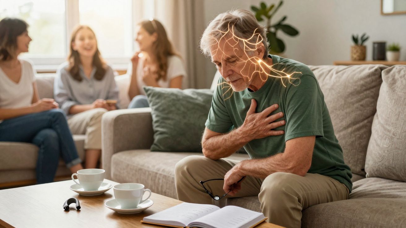 Homem idoso sentado no sofá com mão no peito, aparentando dor, enquanto três mulheres conversam ao fundo.
