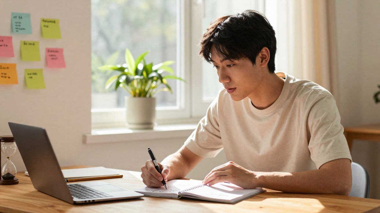 Jovem sentado à mesa escrevendo em caderno com laptop aberto e planta ao fundo perto da janela.