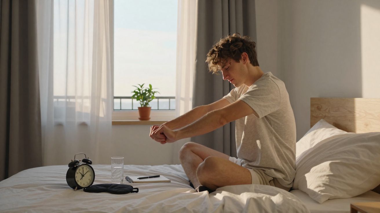 Jovem sentado na cama ao amanhecer, espreguiçando-se com despertador, copo d'água e planta ao fundo.