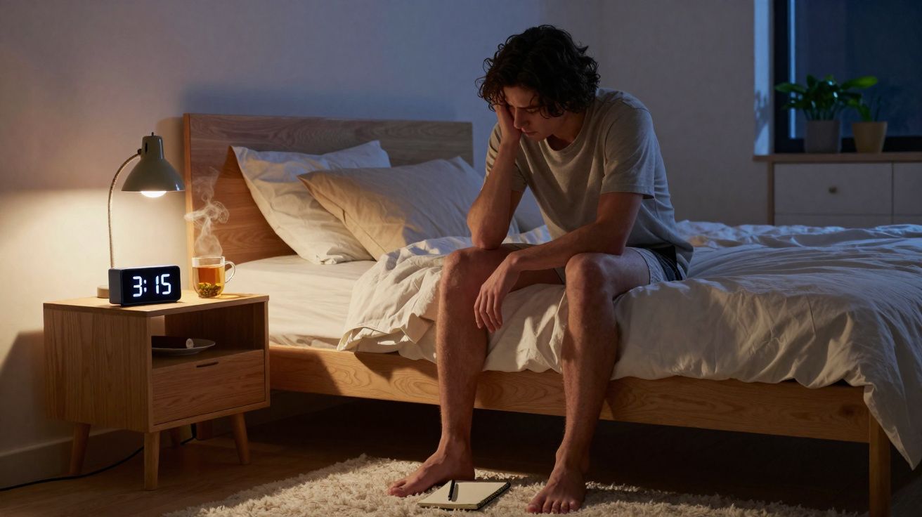 Homem sentado na cama à noite, com expressão cansada, relógio marca 3:15 e chá fumegante na mesa ao lado.