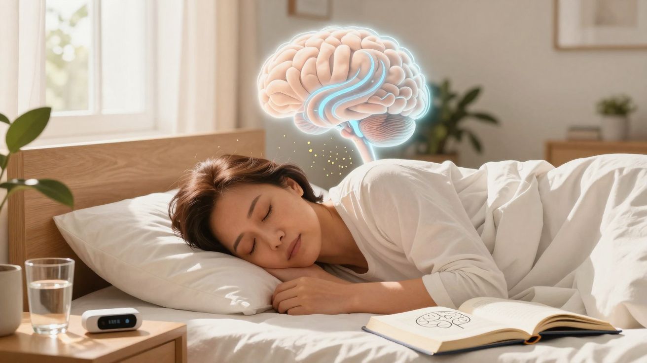 Mulher dormindo na cama com ilustração digital de cérebro acima, ao lado livro aberto e copo d'água.