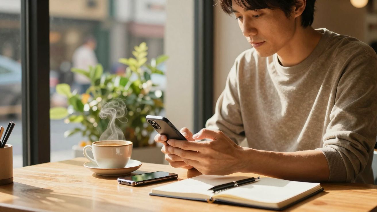 Homem sentado à mesa em café, usando celular, com caderno aberto, caneta e xícara de café fumegante.