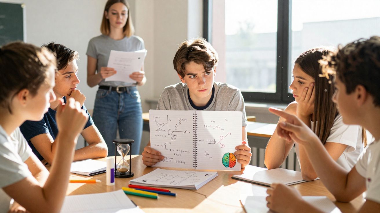 Grupo de jovens estudantes discutindo anotações com gráficos e fórmulas em sala de aula iluminada.