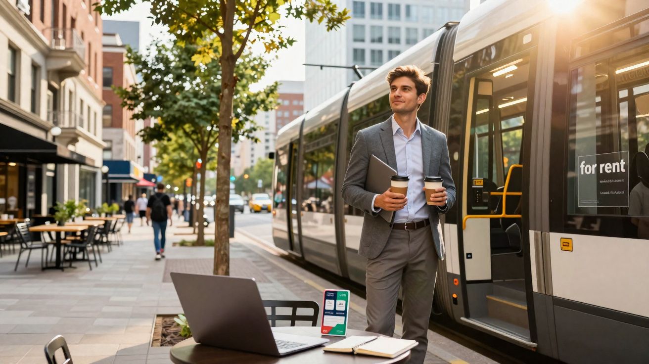 Homem de terno com café e laptop na mão espera tram em rua urbana movimentada ao entardecer.