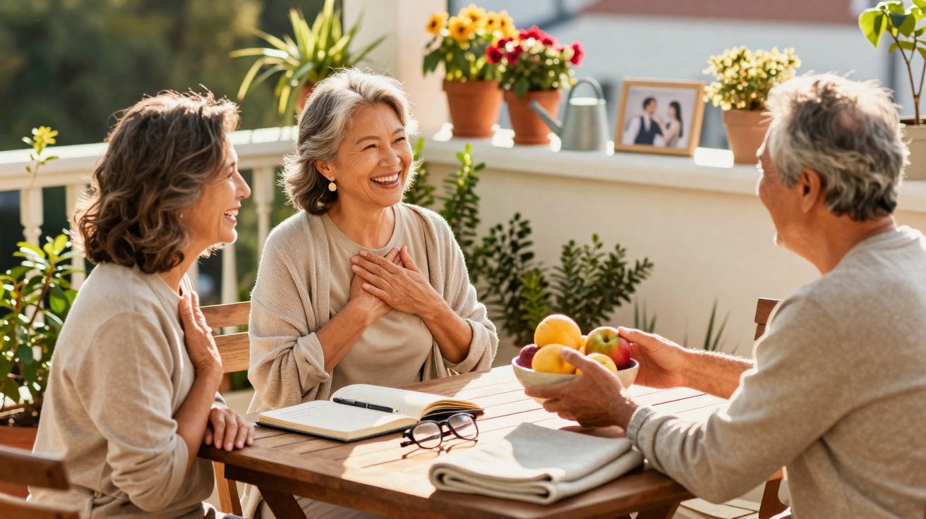 Três pessoas idosas sorrindo e conversando ao ar livre em mesa com frutas, plantas e objetos pessoais.