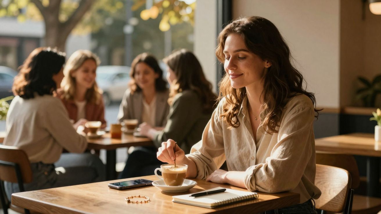 Mulher sorrindo mexendo café em copo enquanto está sentada em mesa de café com amigas ao fundo.