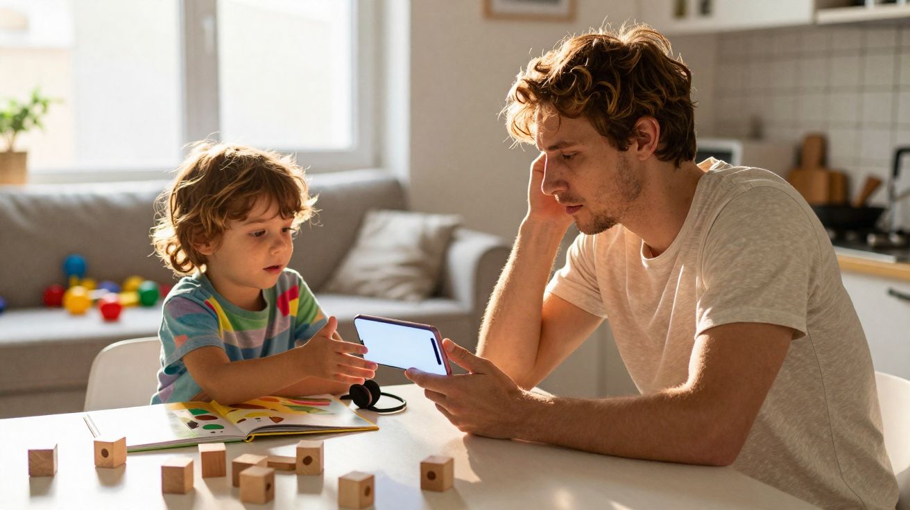 Pai e filho sentados à mesa, com pai mostrando algo no celular enquanto menino observa e aponta com a mão.