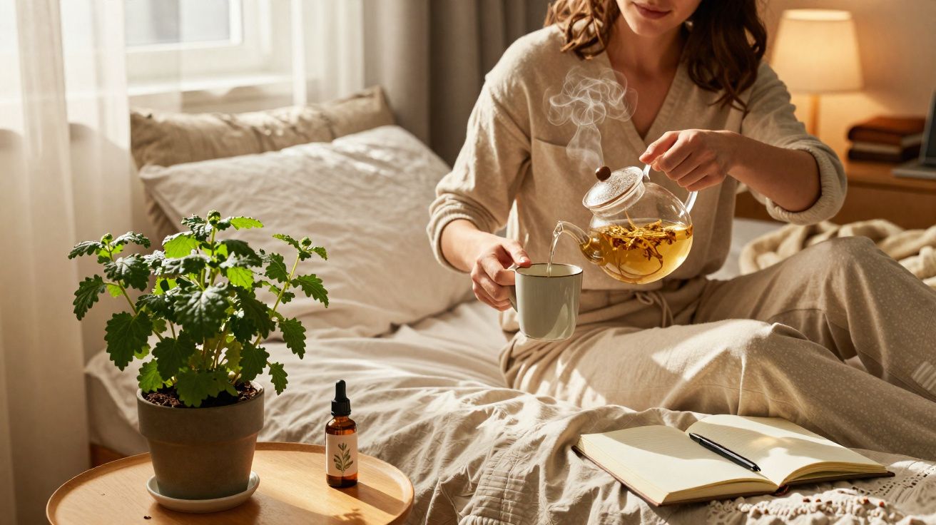 Mulher sentada na cama servindo chá quente, com planta e frasco ao lado, e livro aberto à sua frente.