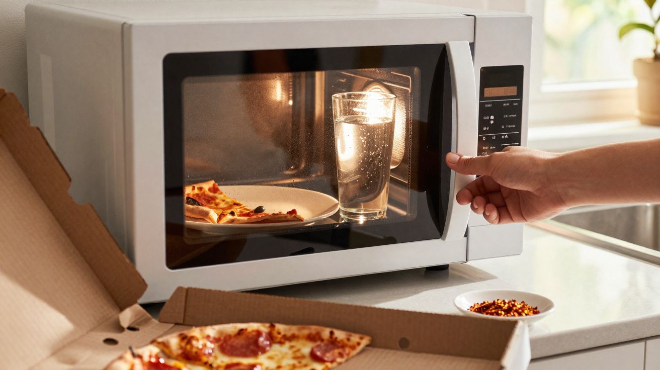 Pessoa usando micro-ondas para esquentar pizza com copo de água ao lado na cozinha.