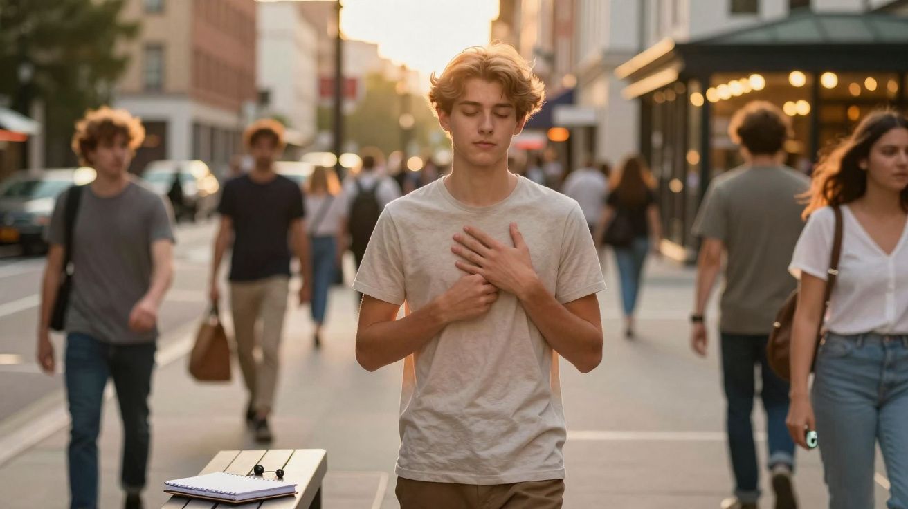 Jovem de olhos fechados com as mãos no peito em rua movimentada ao entardecer.