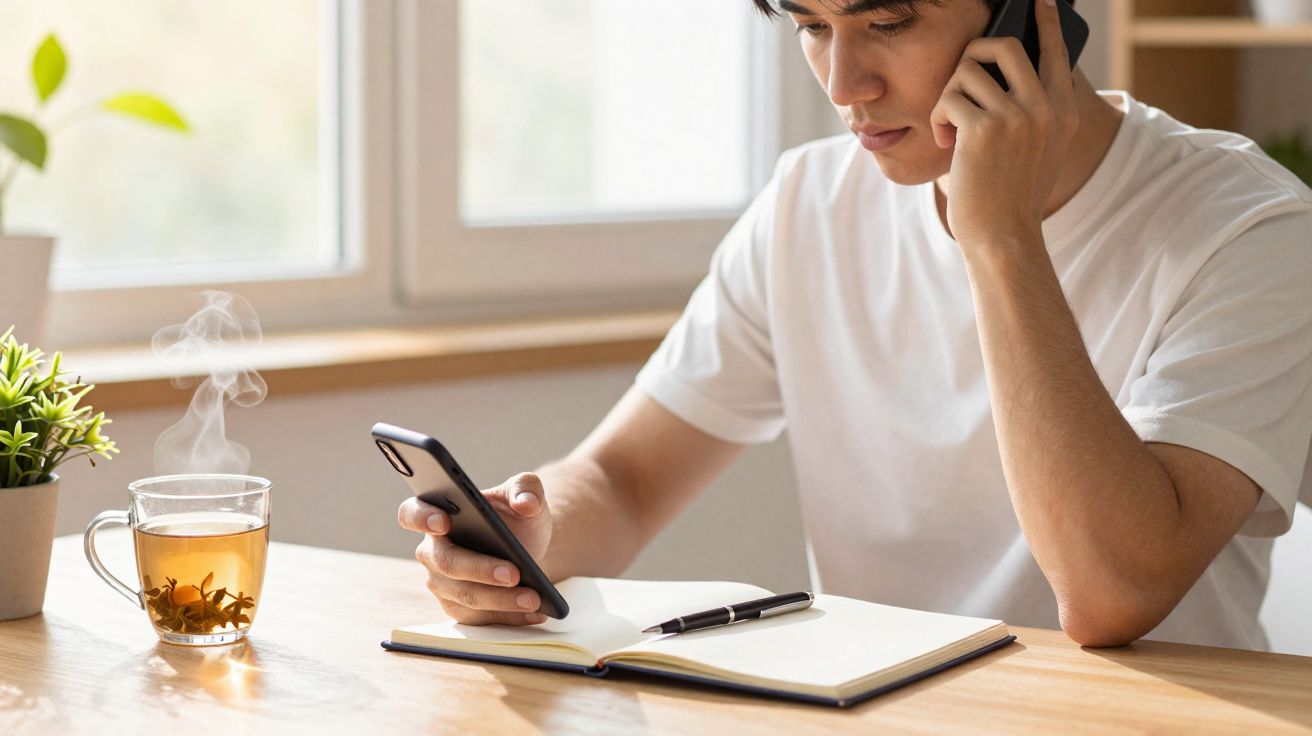 Homem jovem em camiseta branca usa celular e fala ao telefone, sentado à mesa com caderno e chá quente.