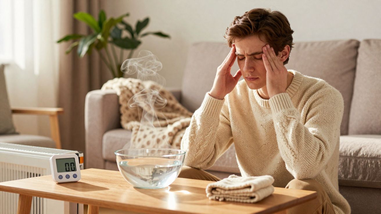 Homem sentado no sofá com expressão de dor segurando a cabeça, com toalha e recipiente de vapor na mesa.