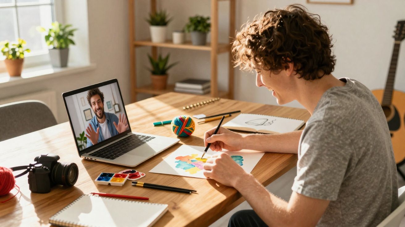 Jovem pintando aquarela enquanto conversa por videochamada no notebook em ambiente iluminado e acolhedor.
