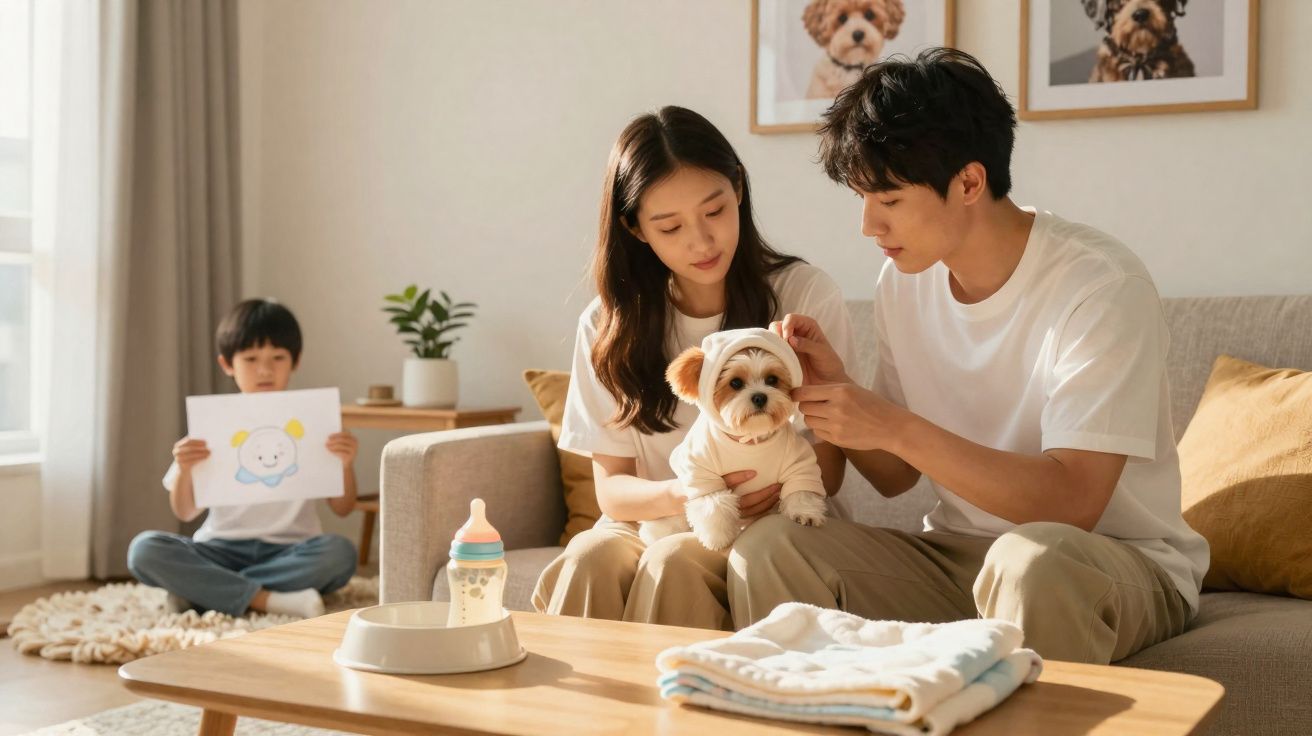 Família asiática com criança e cachorro vestido de hoodie branco em sala com quadro de cães ao fundo.