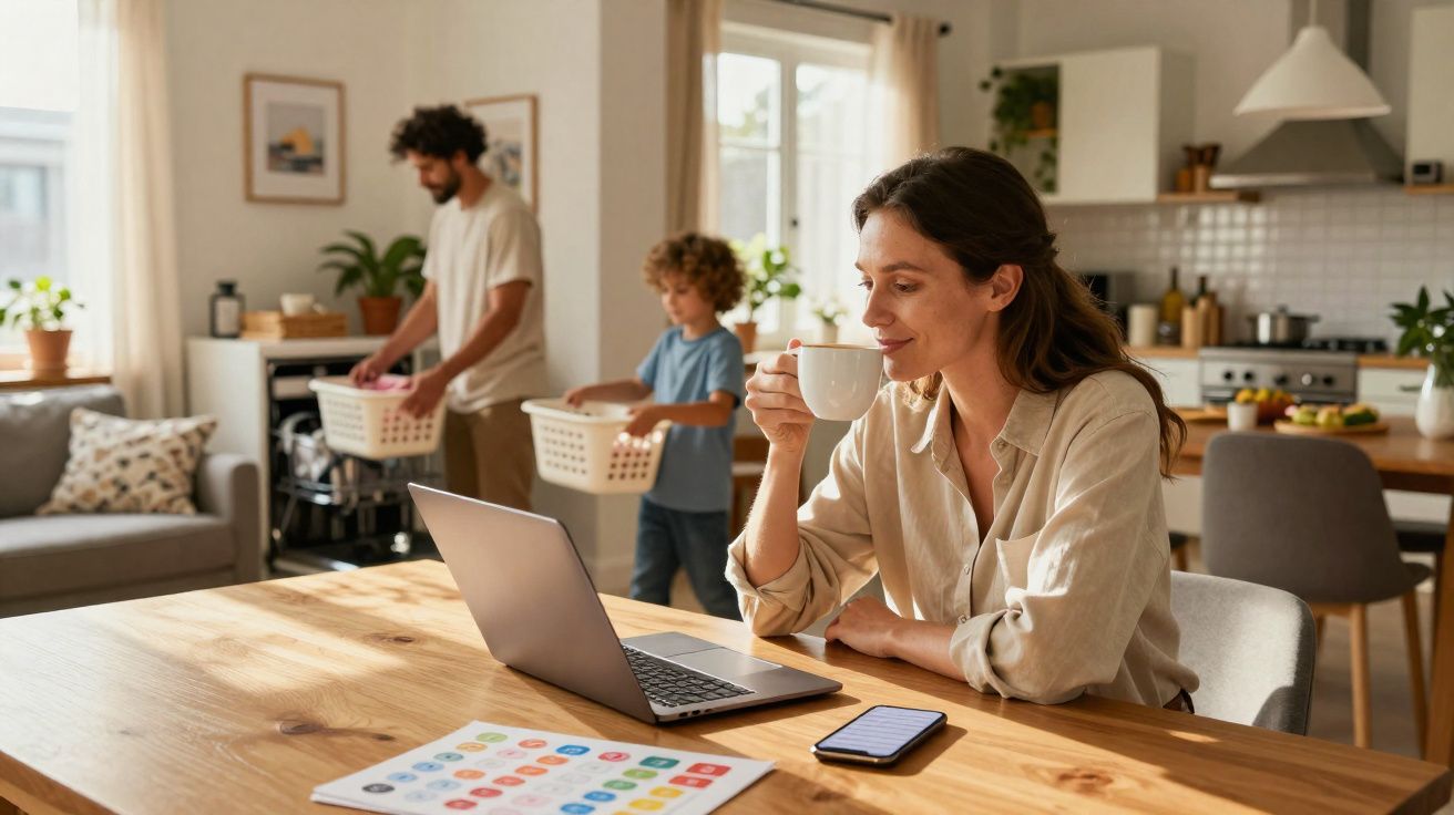 Mulher tomando café e trabalhando no laptop enquanto homem e criança carregam cestas de roupas na cozinha.