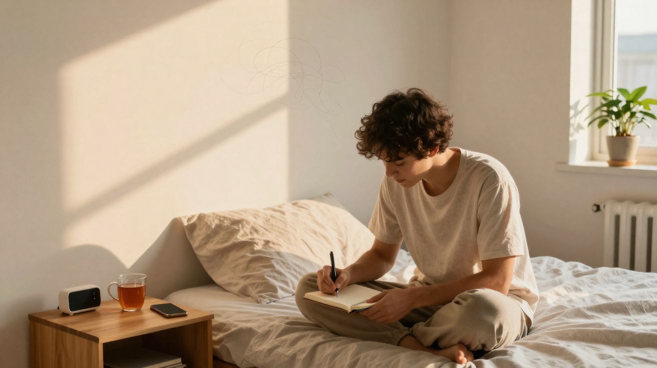Jovem sentado na cama escrevendo em caderno no quarto iluminado pelo sol da manhã.