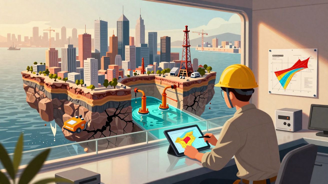 Engenheiro com capacete analisa simulação digital de extração de recursos naturais em ilha artificial na água.