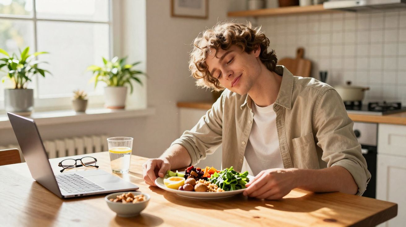 Jovem sentado à mesa na cozinha, sorrindo e comendo uma salada saudável com laptop aberto ao lado.