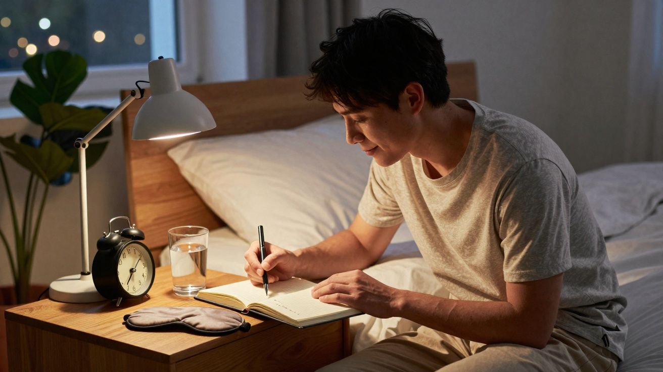 Homem sentado na cama escrevendo em caderno à luz de abajur em quarto ao anoitecer.