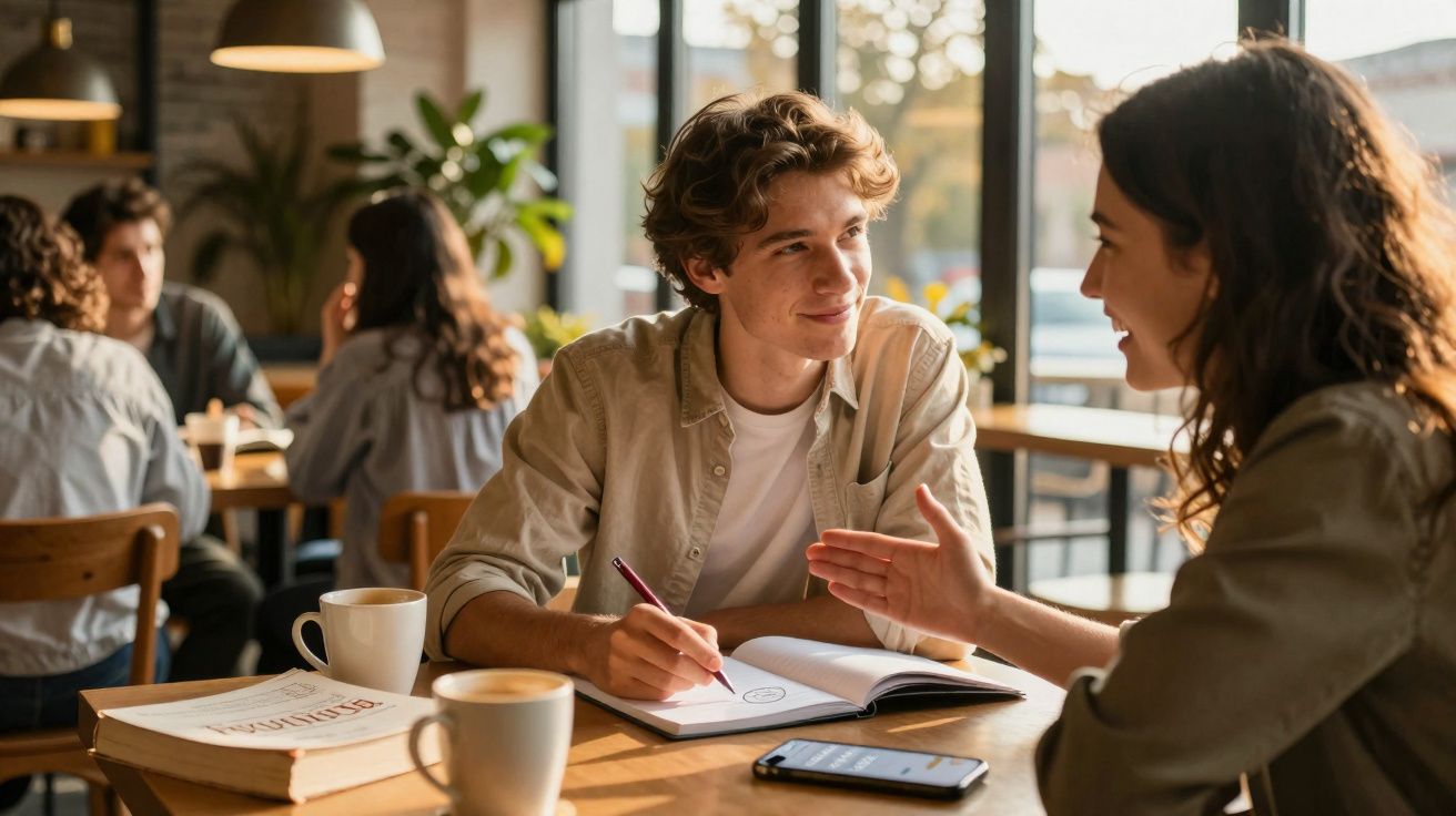 Jovem estudando e conversando com colega em cafeteria iluminada, com livros, café e celular na mesa.