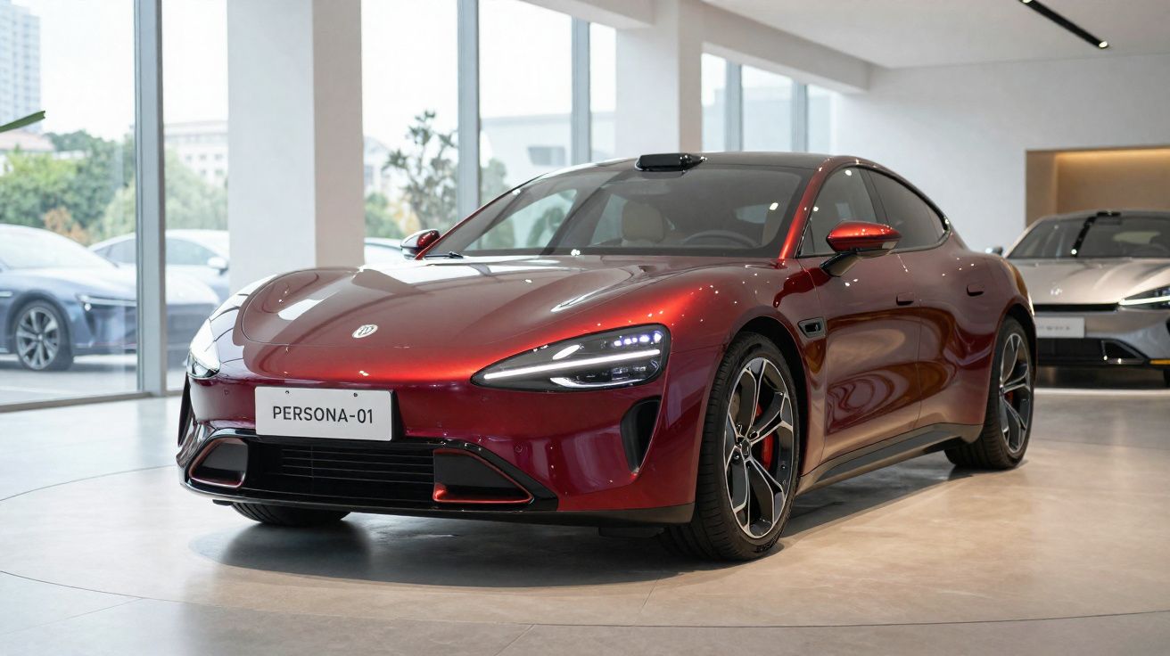 Carro esportivo vermelho Persona-01 exibido em showroom moderno com grandes janelas de vidro.