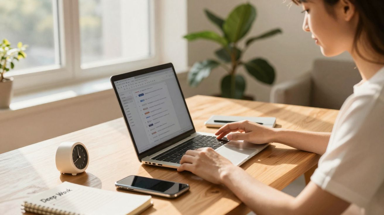 Mulher usando laptop em mesa de madeira com celular, caderno e relógio em ambiente iluminado natural.