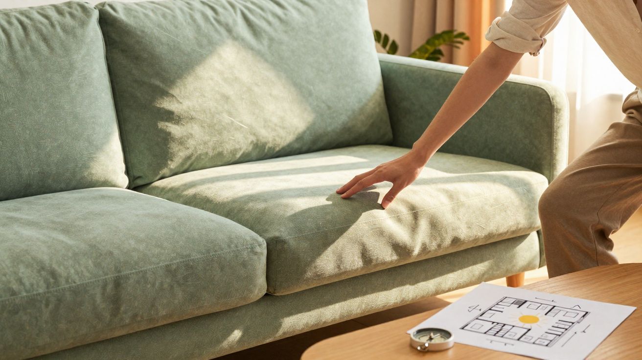 Pessoa tocando em sofá verde claro em sala iluminada, com planta e planta baixa sobre mesa de madeira.