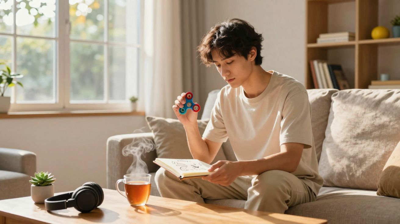 Jovem sentado no sofá segurando um spinner e lendo um livro em uma sala iluminada com xícara de chá.