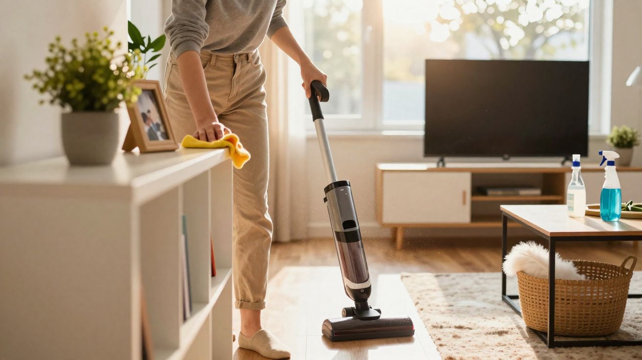 Pessoa limpando a sala com aspirador vertical e pano amarelo em estante na luz natural.