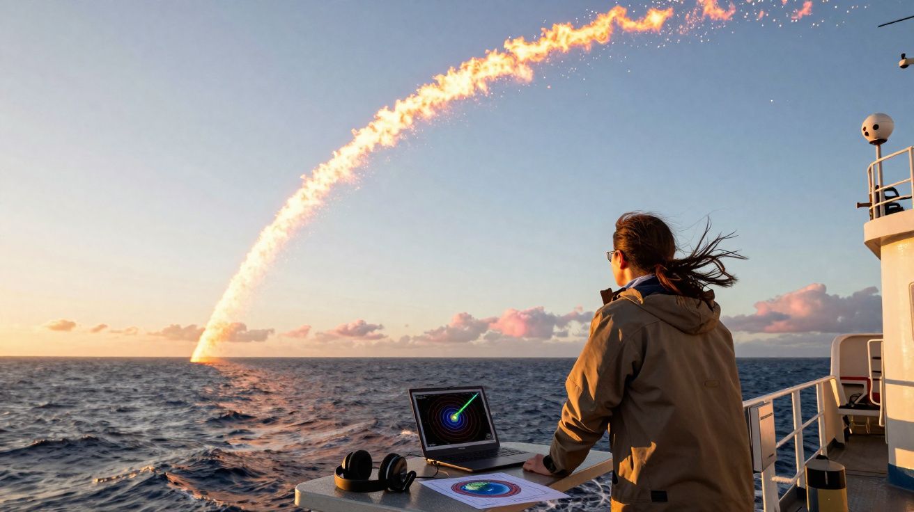 Pessoa observa trajeto de foguete no mar enquanto trabalha com radar em um barco ao pôr do sol.
