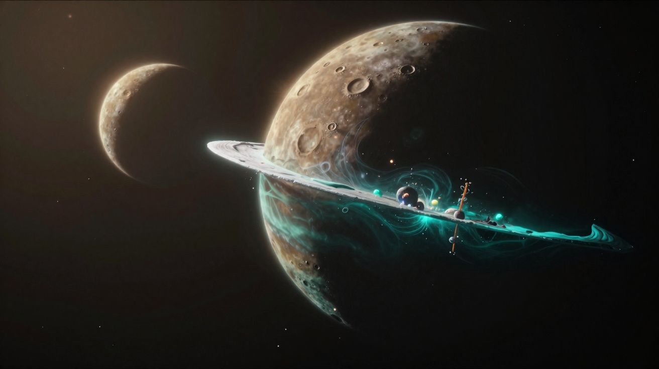 Planeta rochoso com anéis brilhantes e lua ao fundo em espaço escuro com estrelas pequenas.