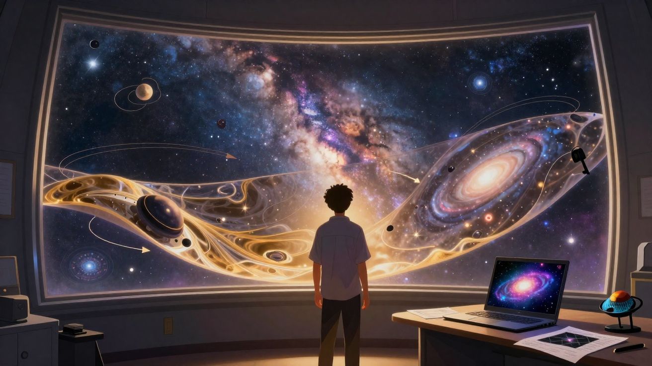 Pessoa observando uma imensa janela com vista para galáxias e planetas no espaço sideral.