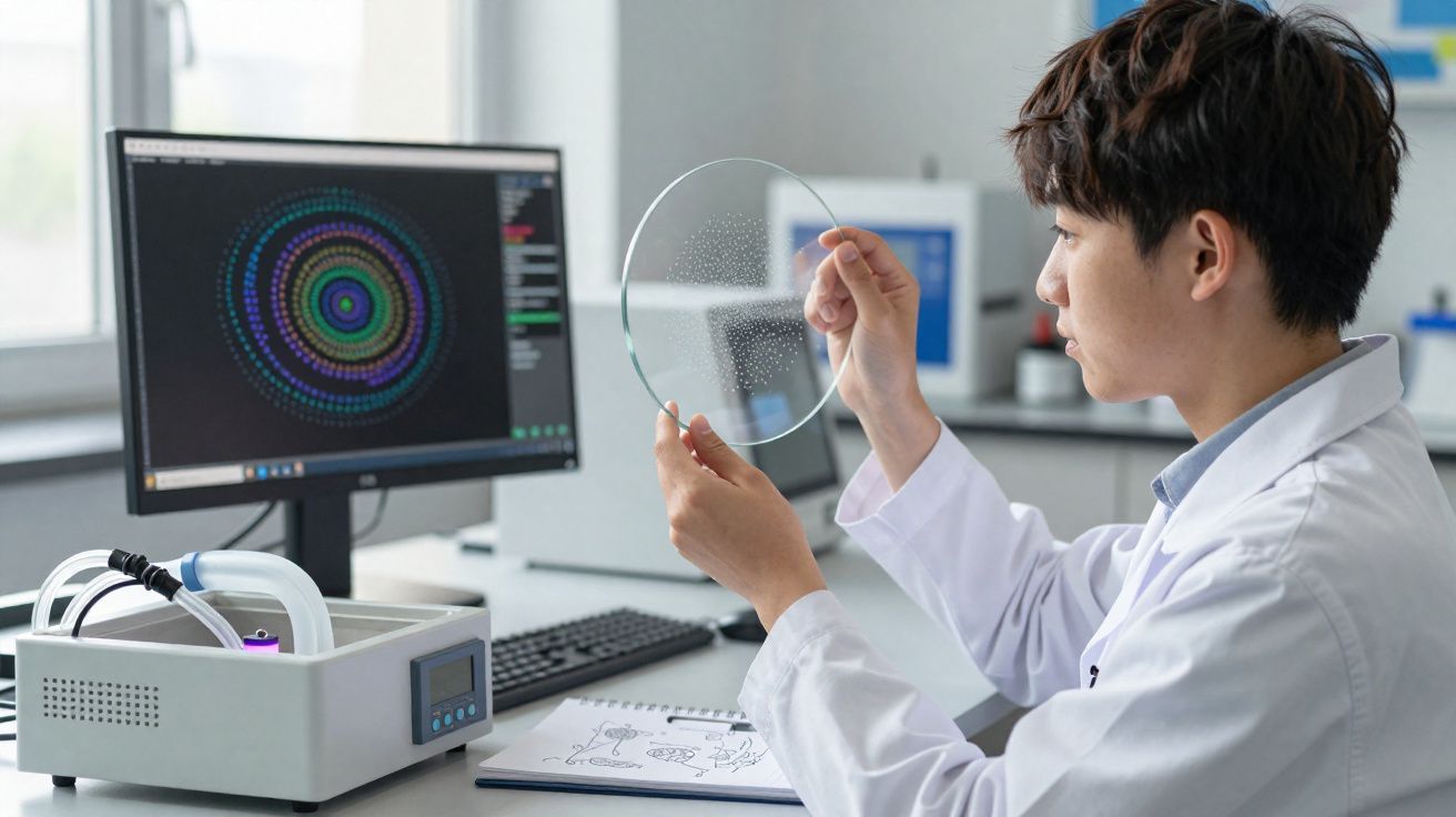 Cientista em laboratório analisa amostra circular transparente diante de computador com dados gráficos.