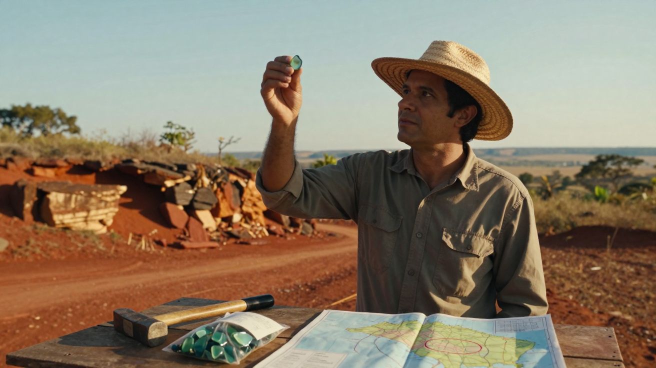 Homem com chapéu de palha segura pedra verde, ao lado de mapa e ferramentas em estrada de terra vermelha.