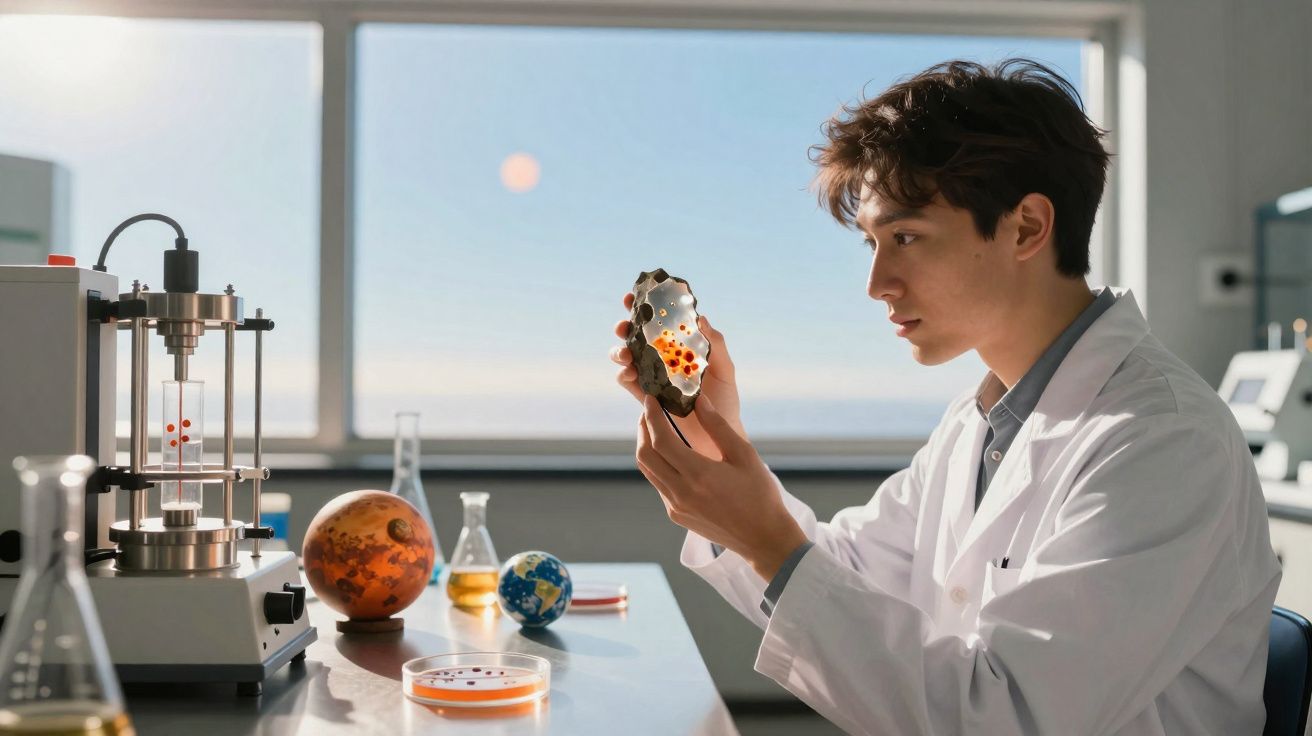 Jovem cientista em jaleco branco analisa amostra em bancada de laboratório com equipamentos e modelos globais.