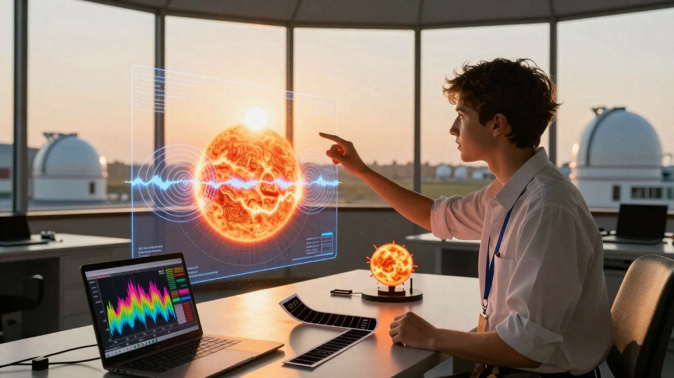 Jovem cientista interage com modelo holográfico do sol em laboratório de astronomia moderno.
