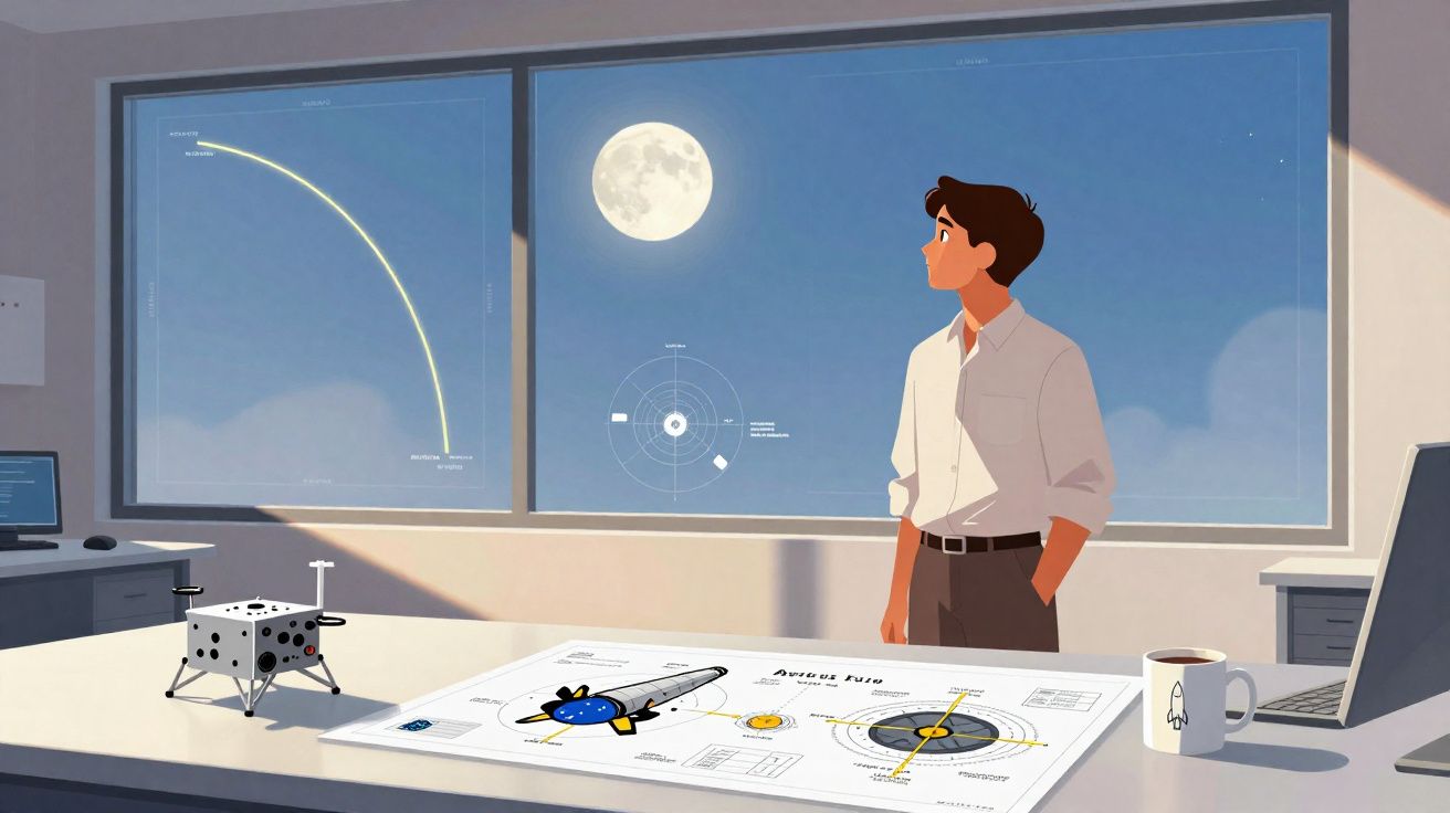 Homem observa a lua cheia da janela de um escritório com mapas e modelos espaciais em uma mesa.