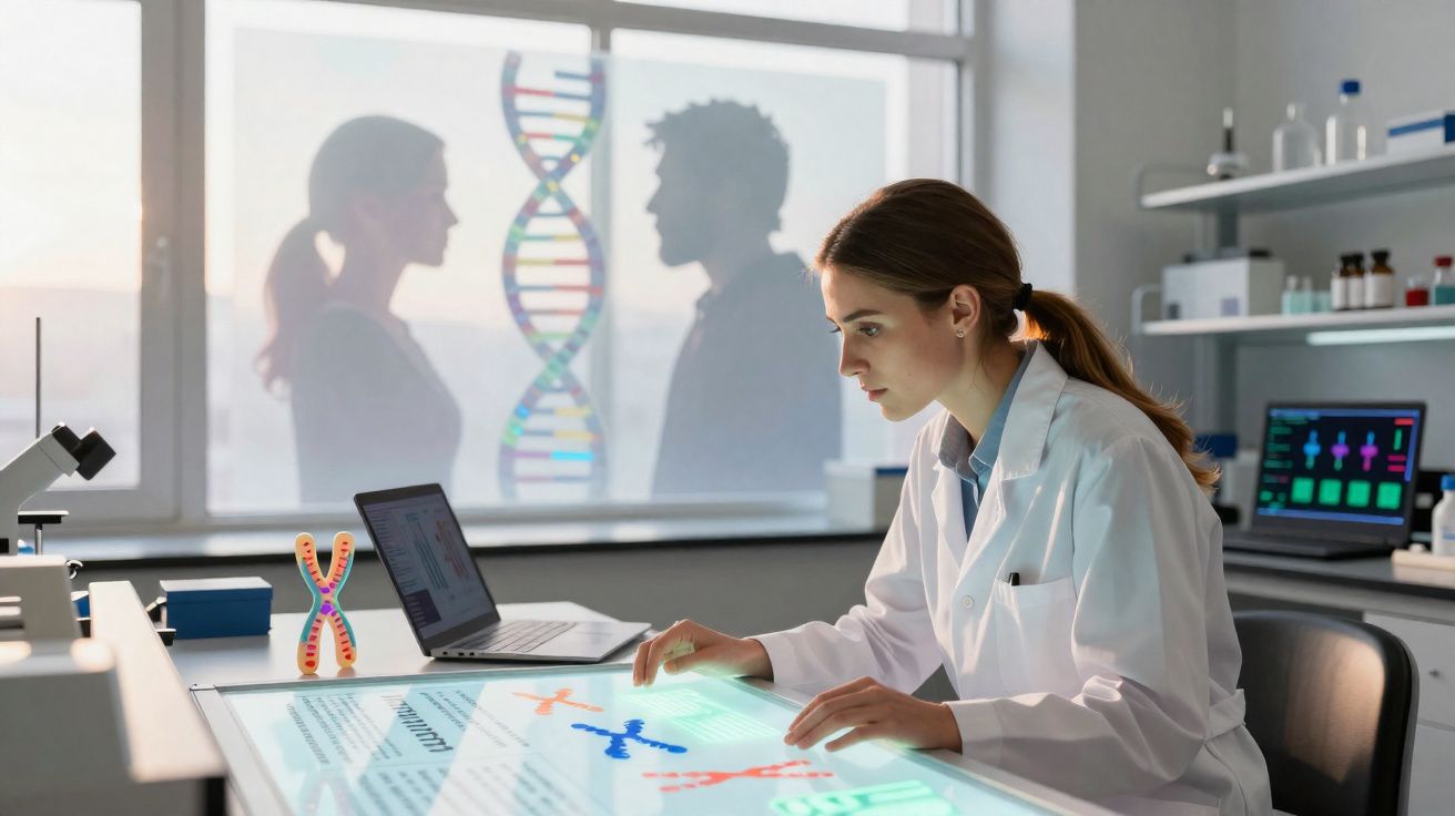 Pesquisadora em laboratório interage com mesa digital sobre genética, com dupla em silhueta e modelo DNA ao fundo.