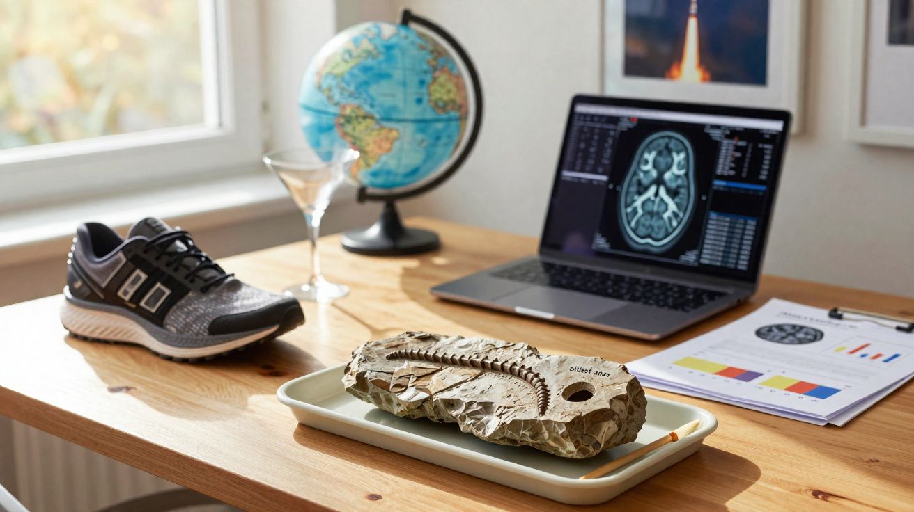 Mesa com tênis esportivo, globo terrestre, fóssil em bandeja, laptop mostrando imagem cerebral e papéis com gráficos.