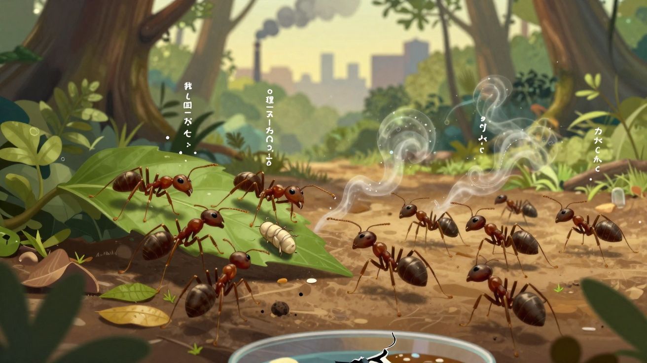 Formiga com larva sobre folhas discute com grupo de formigas em chão de floresta, com fumaça e cidade ao fundo.