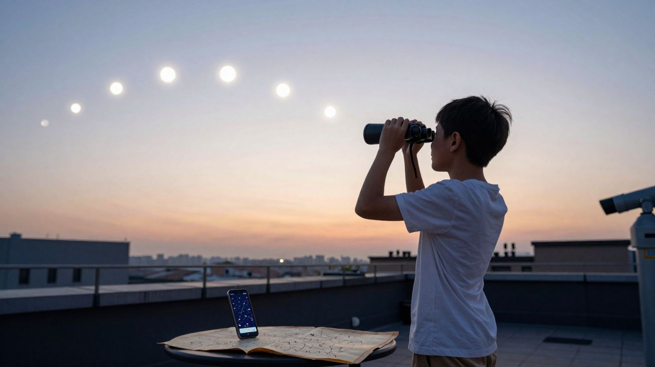 Criança observa o céu ao entardecer com binóculo, mostrando as diferentes fases da lua.
