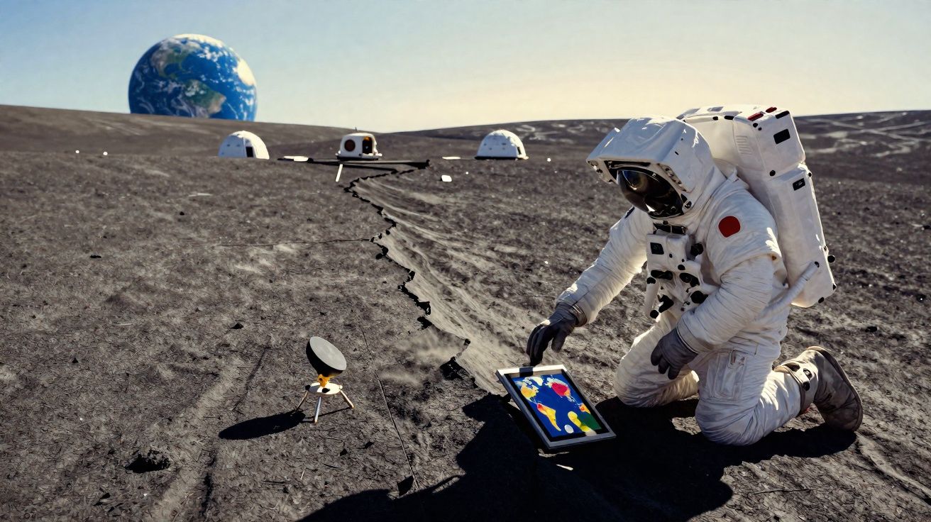 Astronauta em traje branco ajoelhado no solo lunar com tablet, sondas e a Terra ao fundo.