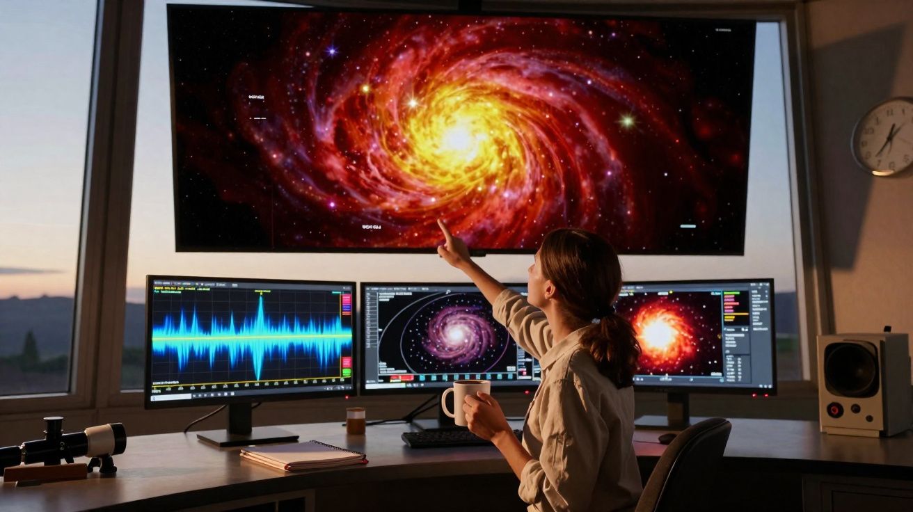 Mulher analisando imagens e dados de galáxias em múltiplos monitores em uma sala escura.