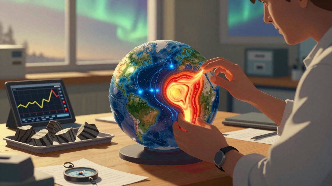 Pessoa analisando o interior da Terra em um globo que mostra o manto e o núcleo terrestre.