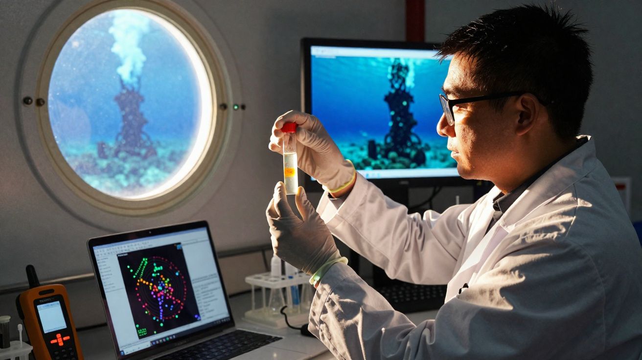 Cientista em laboratório oceânico analisa amostra em tubo com vulcão subaquático visível pelo vidro.