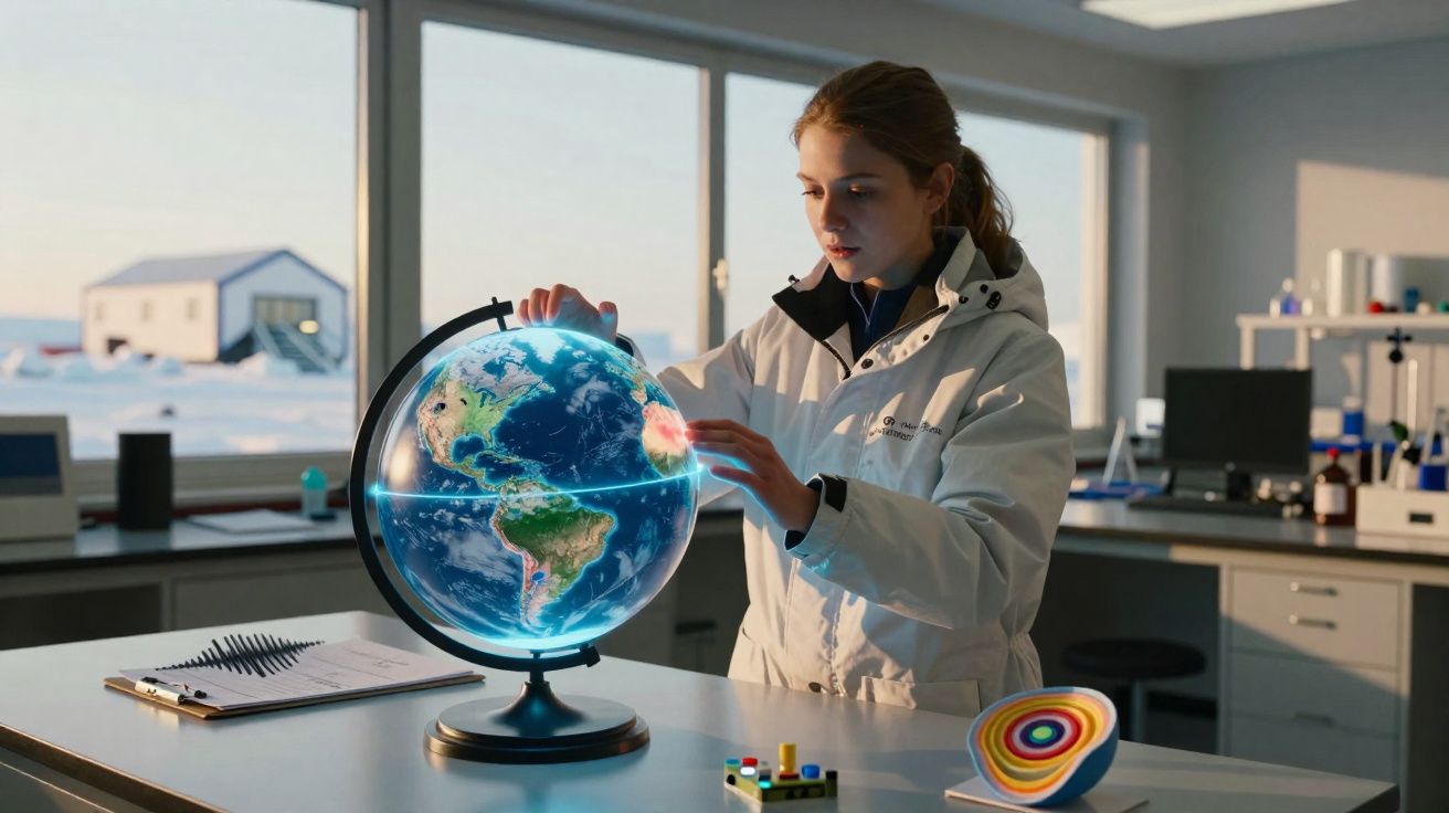 Mulher em laboratório interage com globo terrestre iluminado e modelo de camadas da Terra sobre mesa.
