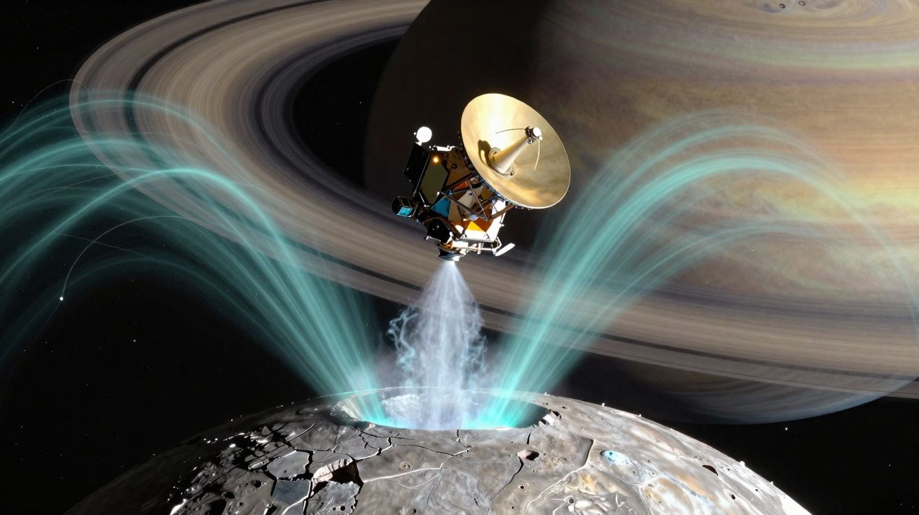 Sonda espacial explorando plumas de material saindo da superfície congelada de lua de Saturno com Saturno ao fundo.