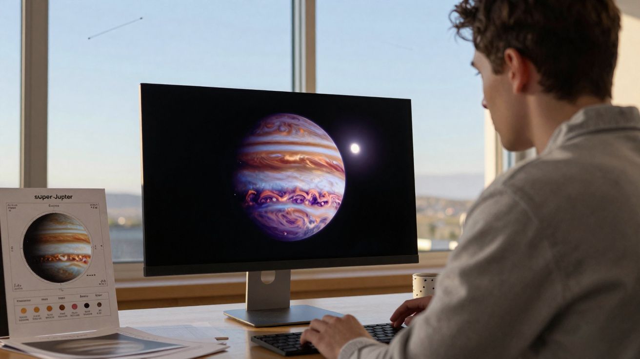 Pessoa olhando para imagem de Júpiter em monitor de computador em mesa próxima a janela durante o dia.