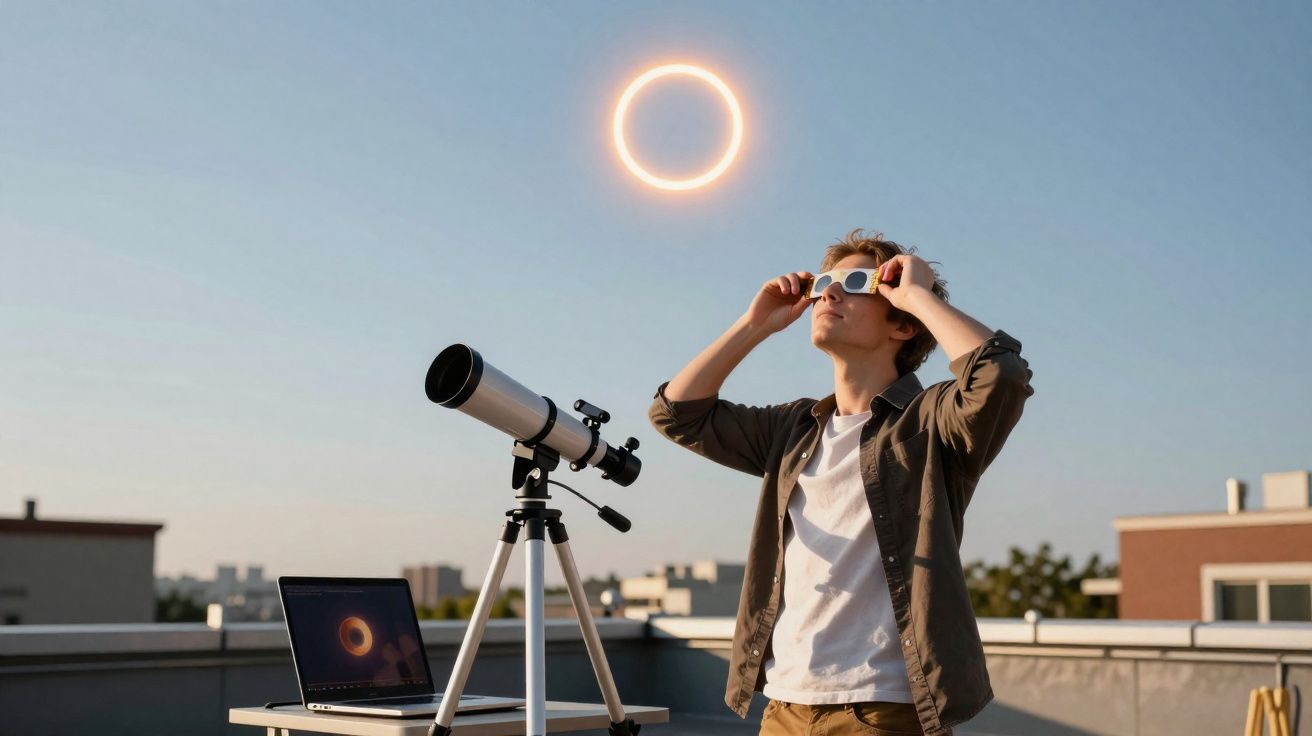 Homem observa eclipse solar anular com óculos especiais em terraço, ao lado de telescópio e laptop.