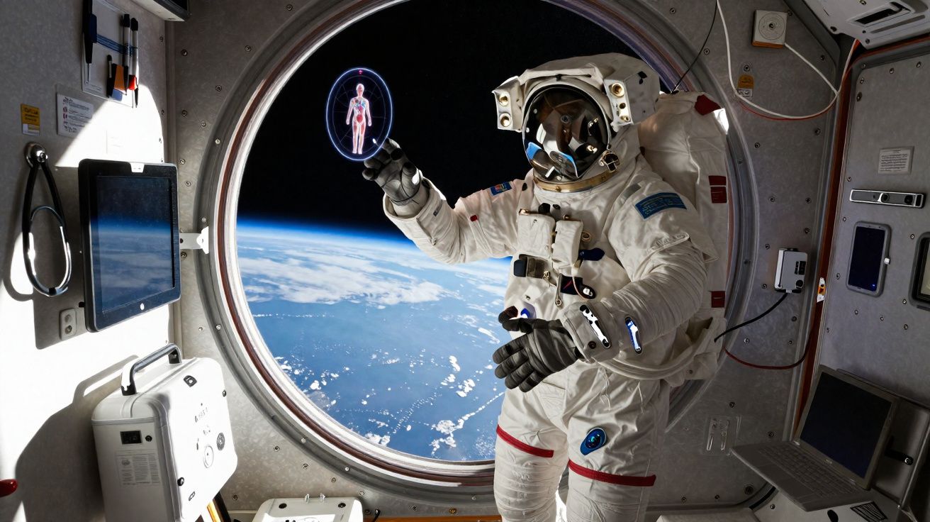 Astronauta em traje espacial dentro de estação espacial com vista da Terra pela janela circular.